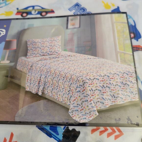 Racing Race Car Speed Sports Indy Nascar Theme 3 pc Twin Sheet Set Kids Checker - Picture 7 of 10